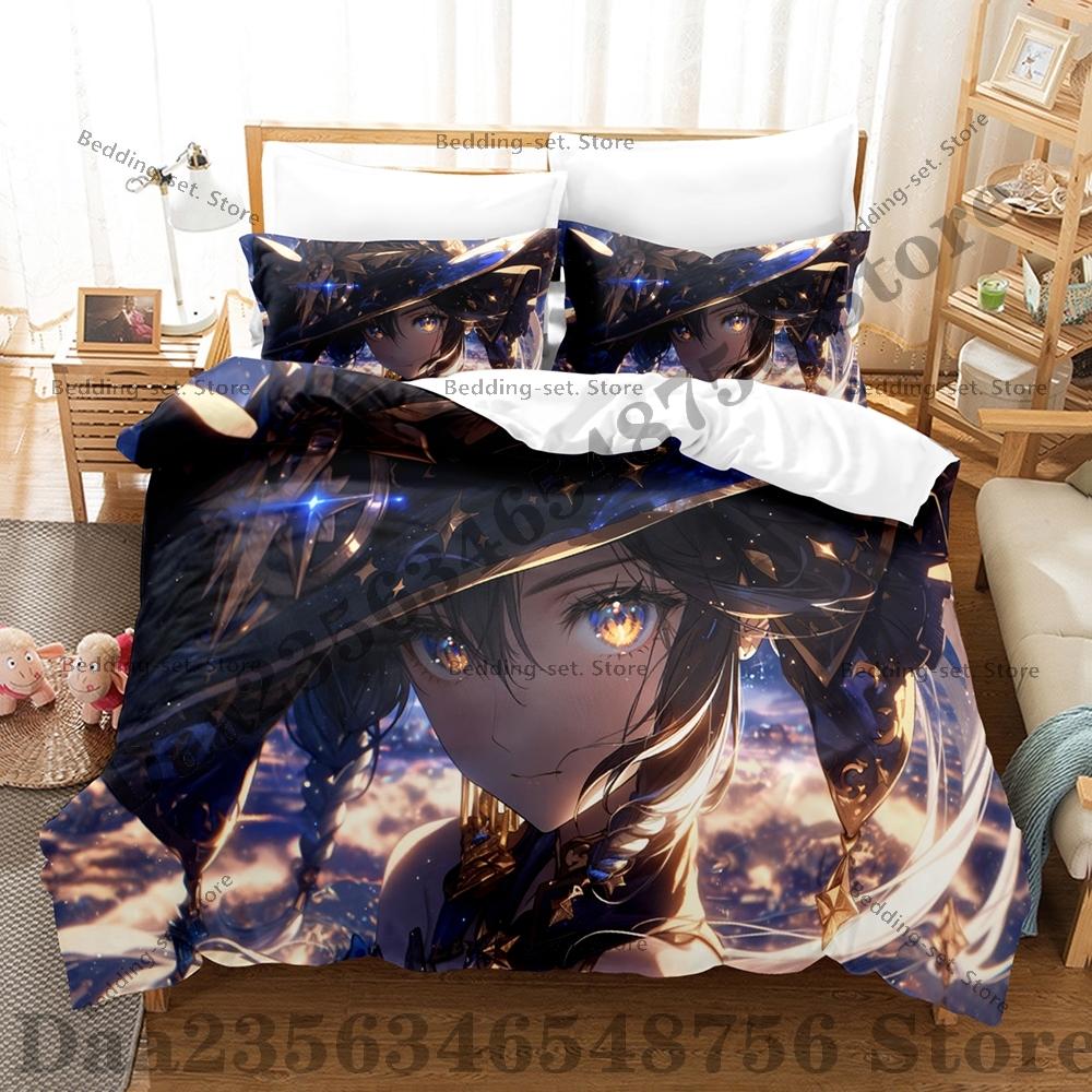 Game Genshin Impact Mona Bedding Set Kawaii Three Piece Set Bed Set Adult Bedroom Duvetcover Sets Anime Bed Sheet Set