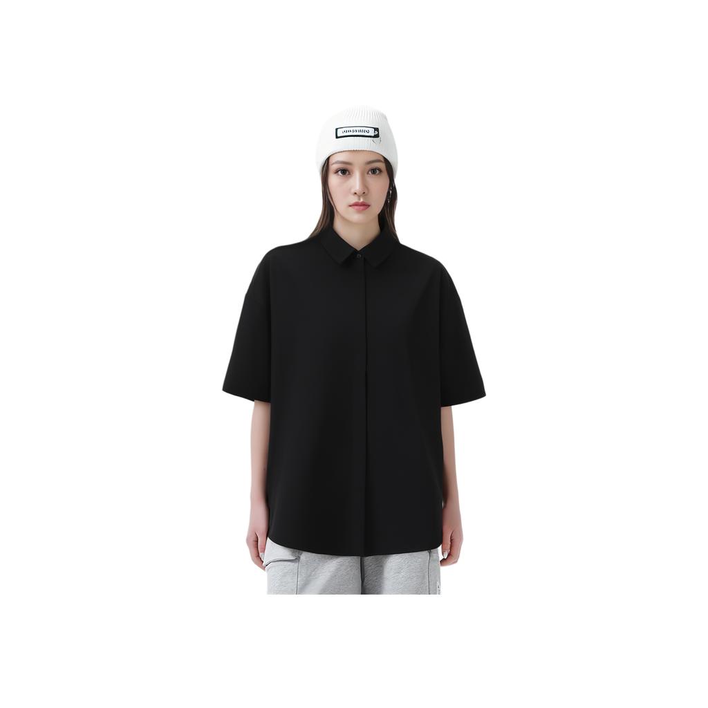 Anta Série Toutes Saisons Champion Couleur Unie Bouton Confortable Respirant Polyvalent Manches Courtes Chemise Chemises Femme Noir 162520105-5