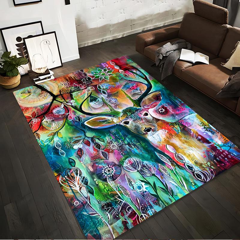 Colorful Deer Abstract Art Pattern Carpet for Home Decoration, 3D Style Suitable for use as an anti-slip for living room bedroom sofas