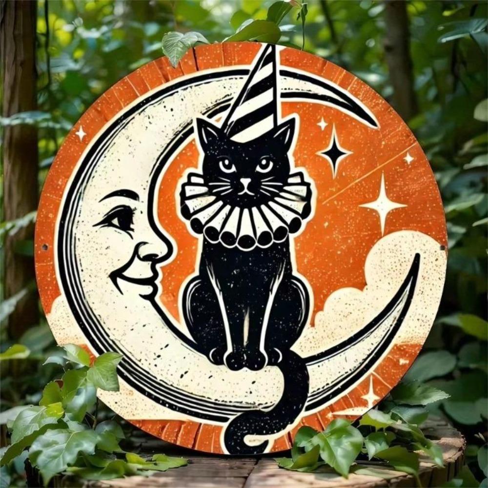 Vintage Cat Moon Halloween Metal Wall Art Sign 8x8 Inch Round Bar Cafe Decor Iron Tin