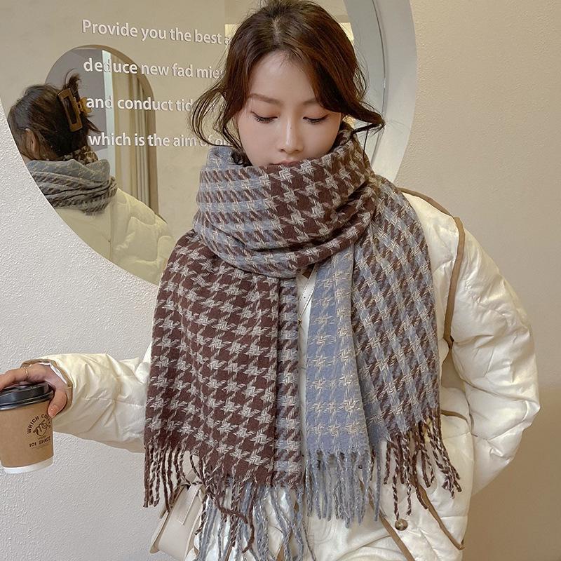 Women's Houndstooth Winter Scarf 2025 - Double-Sided Plaid Tassel Shawl, Thick, Warm, Fashionable Neck Warmer