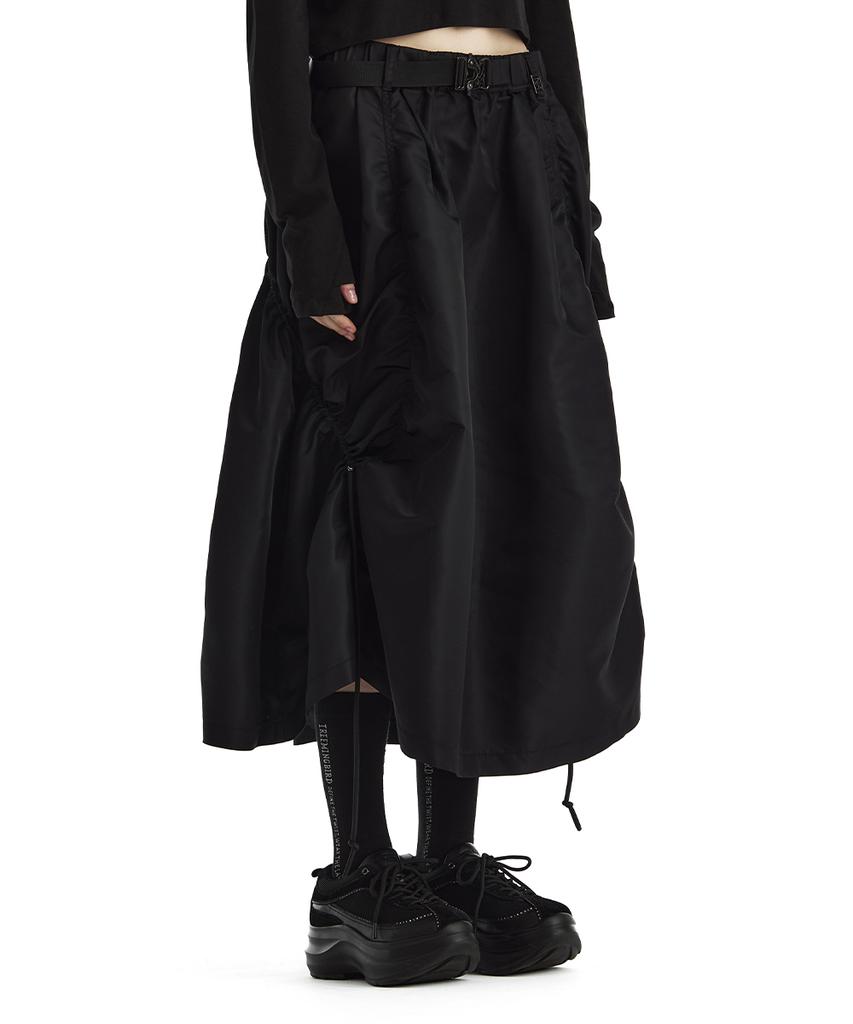 Teulimingbeodeu Drawstring Nylon Flared Set-Up Skirt [ Black ]