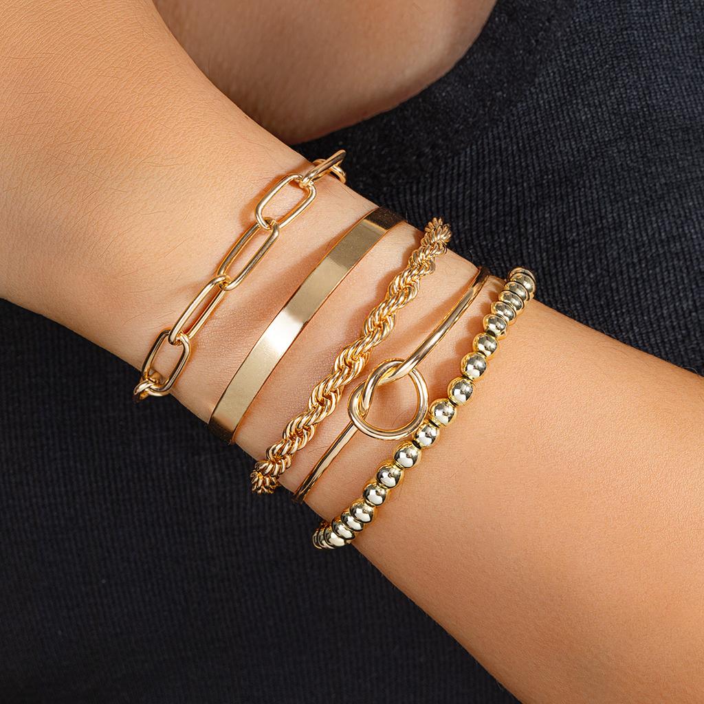 5 pieces of geometric knot opening wristband with multiple overlapping chains designed for women's bracelets