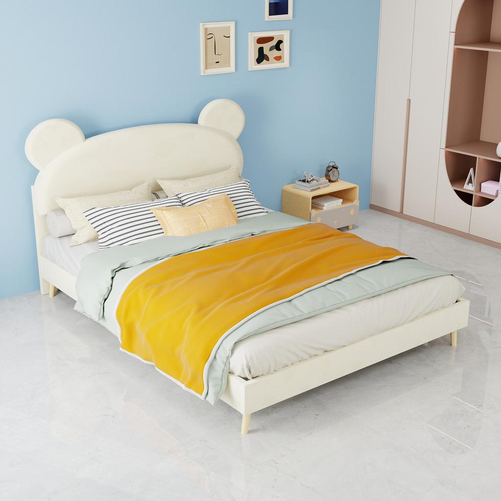 Modern Minimalist Upholstered Bed with Plush Cartoon-Themed Headboard, 140*200 cm, Beige, Multifunctional Bedroom Furniture, Low-Profile Solid Base