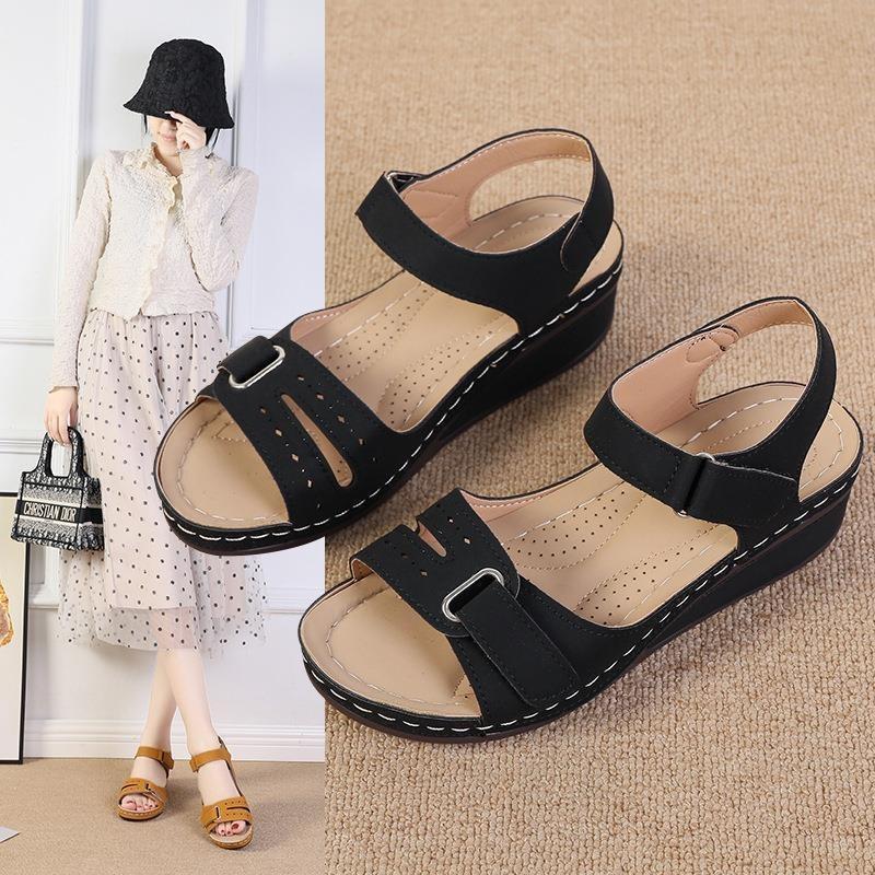 New sandals women's wedge heel Velcro thick sole large size one-word sandals