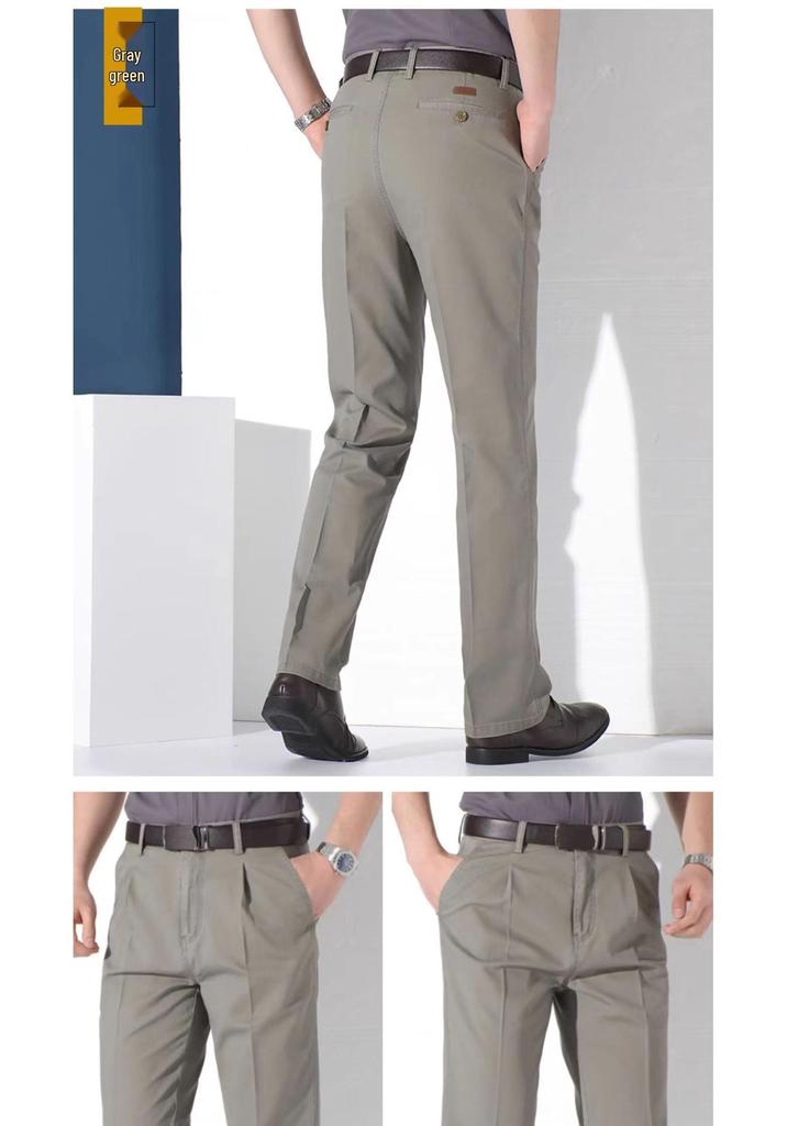 Men's Pure Cotton Double-Pleat Casual Pants - High Waist, Wide Leg, Non-Iron, Summer-Weight for Middle-Aged and Elderly.