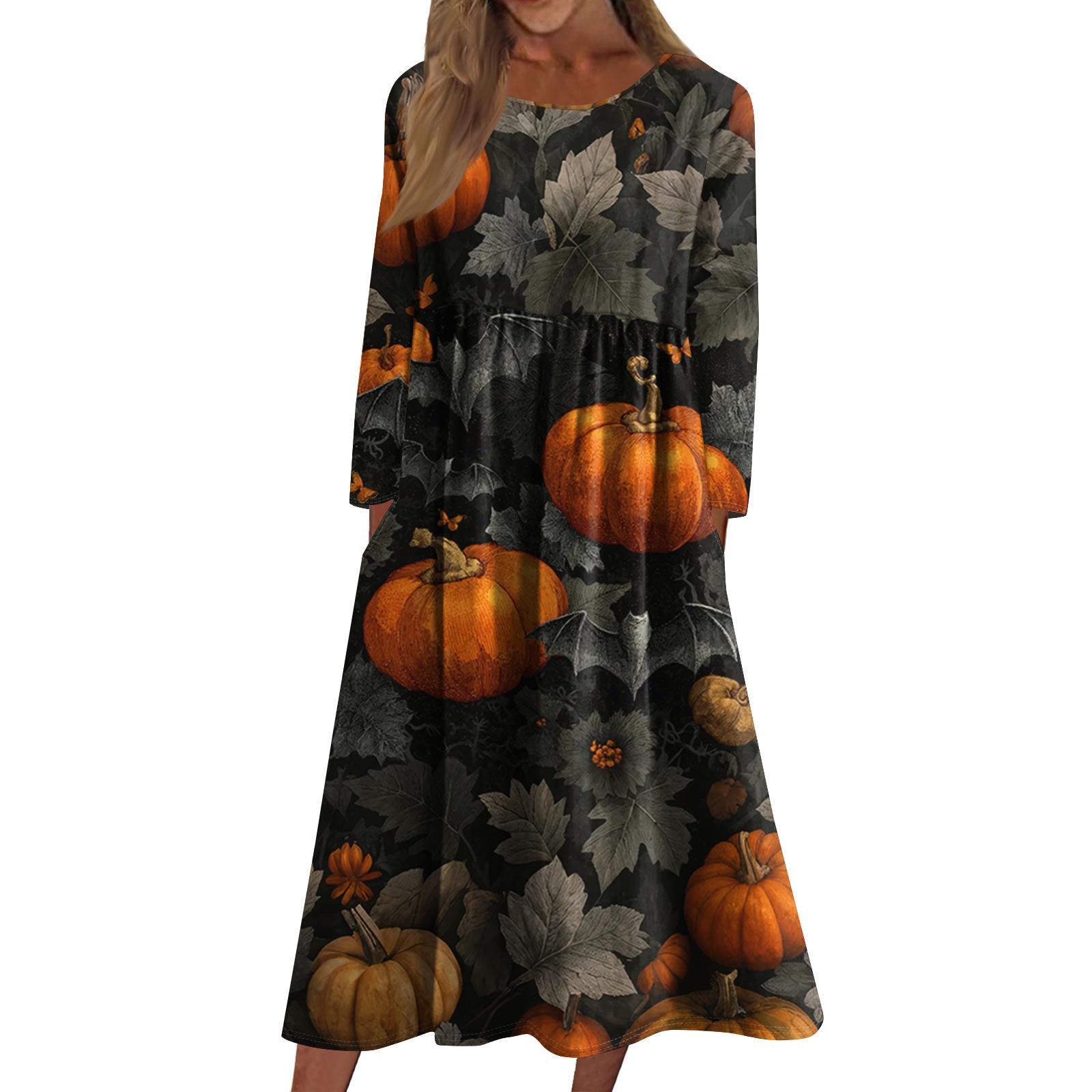 

Женское повседневное платье средней длины с круглым вырезом и принтом Хэллоуина, платье средней длины с длинными рукавами и карманом M