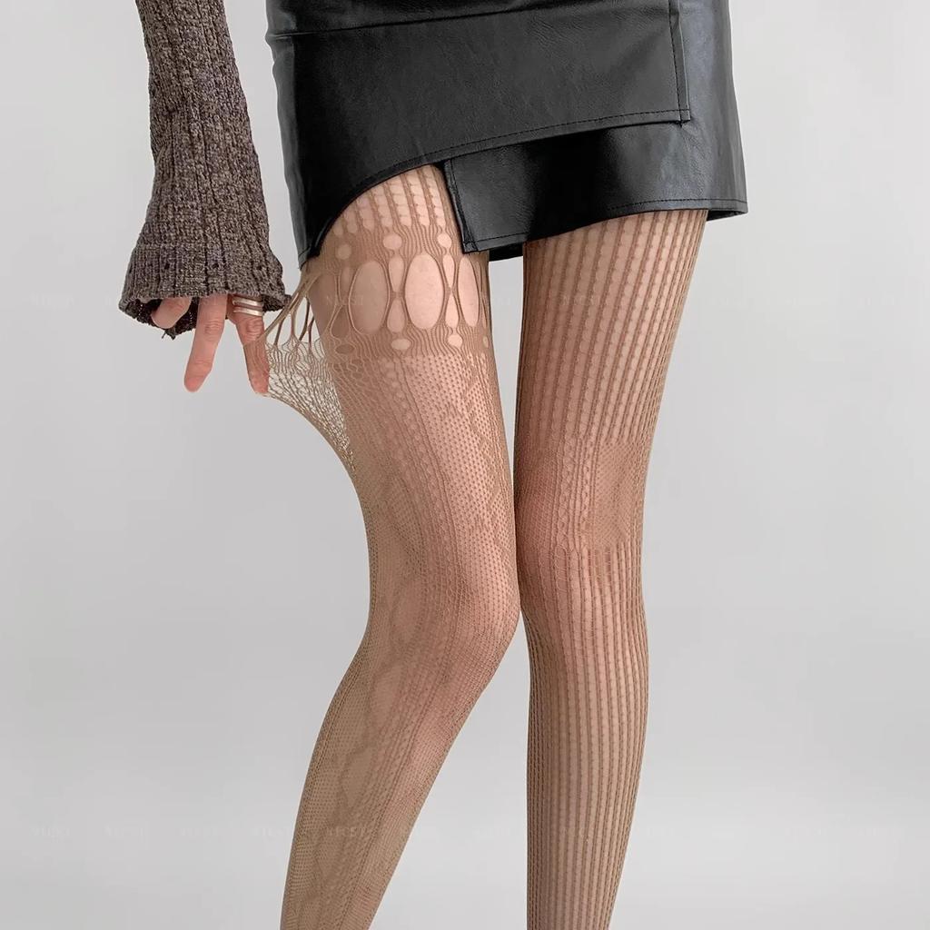 Bas Résille Sexy en Dentelle pour Femmes Lolita Ajouré Uni Collants Irréguliers à Peau Nue pour Femmes Mince Y2k Bas Corps