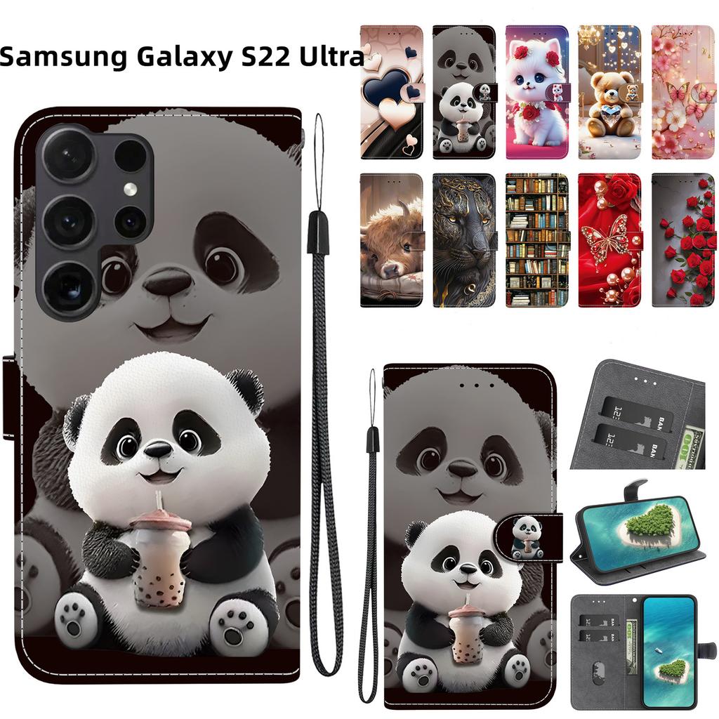 Handmade PU Leather Flip Case for Samsung Galaxy S22 Ultra (SM-S908B) Anti-Slip Shockproof Cover with Wrist Strap & Heart/Rose Cat Designs