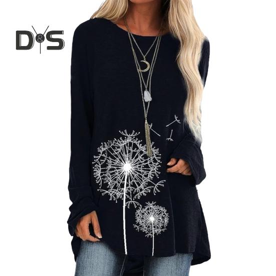 Women's Plus Size Tunic Top Dandelion Print Longline Shirt Crew Neck Long Sleeve Pullover Tee Casual Loose Fit Blouse for Work Daily Life