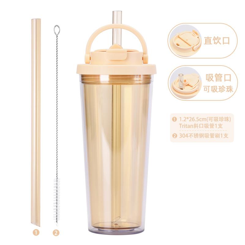Double-Layer Colored Plastic Straw Cup, Large Hole Suction Bubble Tea Cup, One Cover, Double Drink, Portable Handle Water Cup