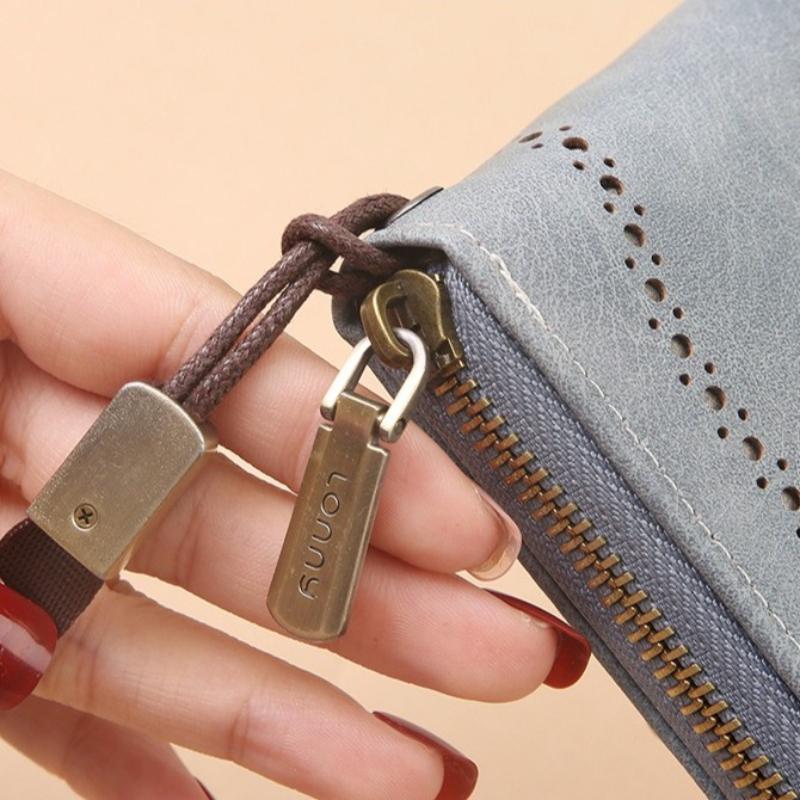 Women Hollow Zipper Wallet Leather Clutch Retro Female Hollow Organ Card Bag Large Capacity Long Mobile Phone Card Holder