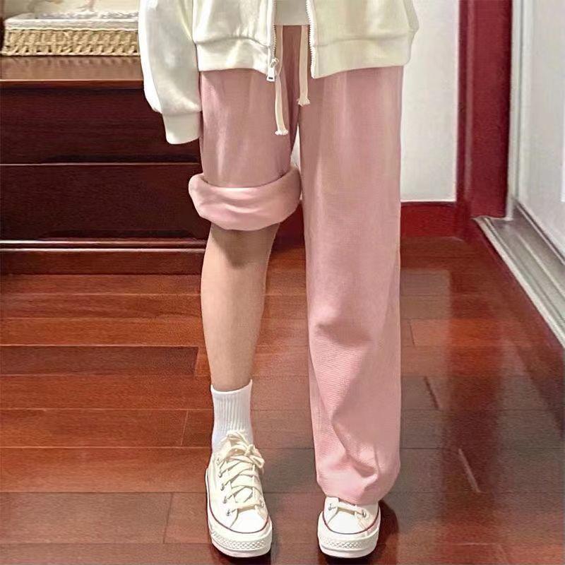 Women's Spring/Summer Thin Korean-Style Waffle-Patterned Pink Wide-Leg Pants - Loose Slim-Fit Straight-Leg Trousers Athletic and Casual Wear