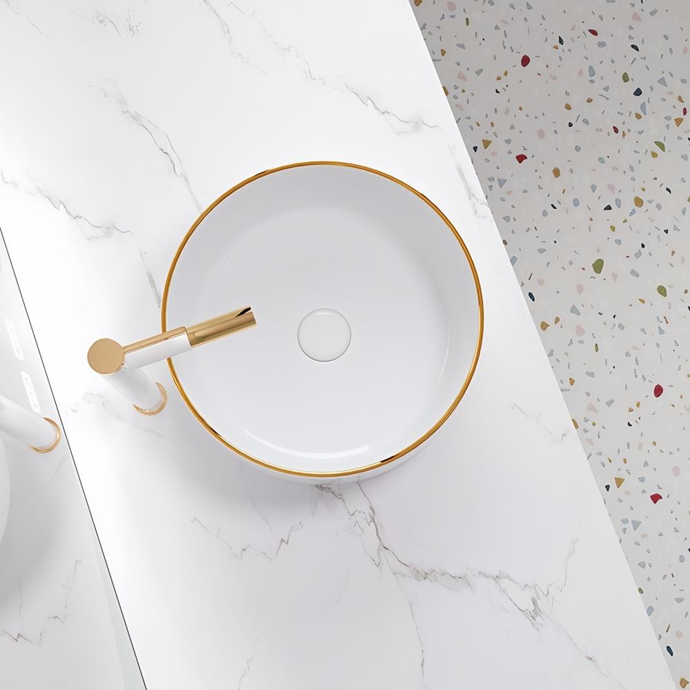 Marble patterned modern circular ceramic bathroom sink, freestanding washbasin, luxurious gold edged washbasin(excluding faucet)