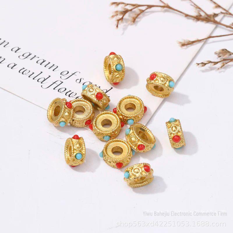 Gold-Tone Inlaid Green Stone Beads: DIY Bracelet & Necklace Accessories