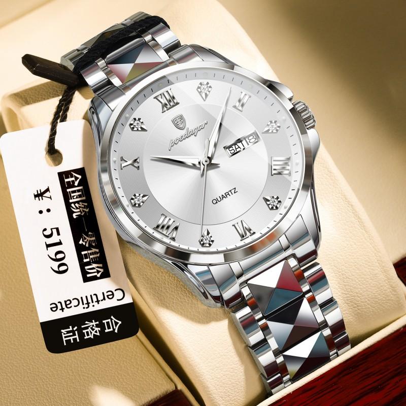 Mens Luxury Dual Calendar Quartz Watch With Luminous Hands Date Day Display Stainless Steel Band 42mm Round Dial