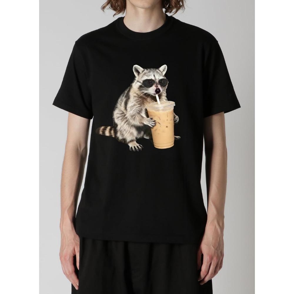 Waschbär trinkt Eiskaffee T-Shirt Lustiges Tier Meme Shirt Lässiges Rundhals Kurzarm Grafik T-Shirt Oberteile für Damen Herren