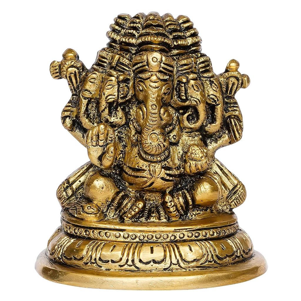 Ídolo Panchmukhi do Senhor Ganesha em Latão Dourado Feito à Mão, Ídolo de Deus Hindu, Latão