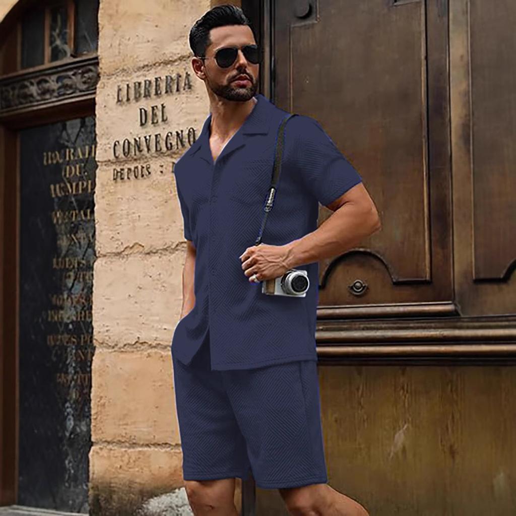 Summer Pocket casual texture beach short-sleeved button-down knitted sweater and shorts set