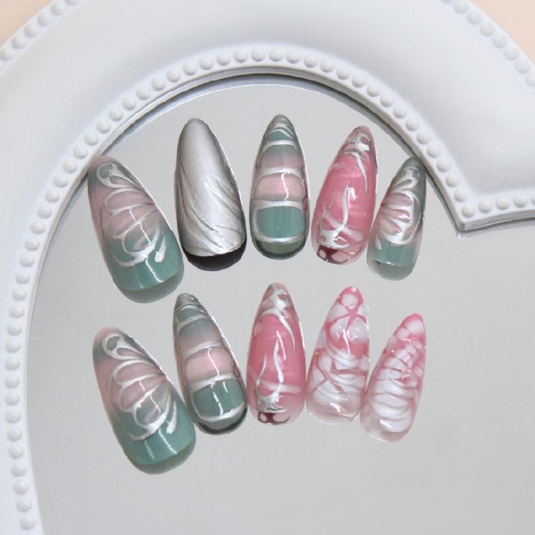 Fashion Press On Nail Set of 24 Glossy 3D Ripples Silver Frozens Butterfly Pearls Finish Daily Use Style