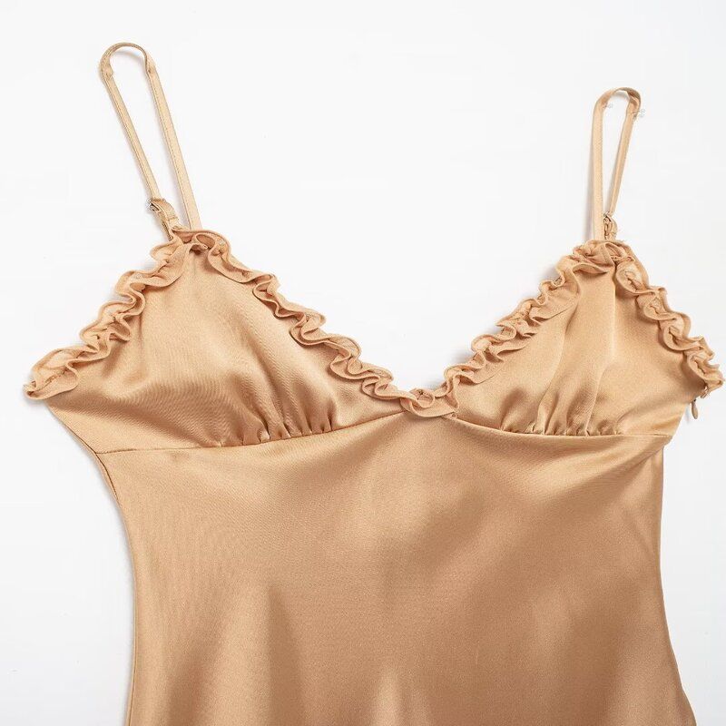 Fashion Style 2024 Autumn New Women's Sling Patchwork Laminated Silk Satin Texture Dress 5030256