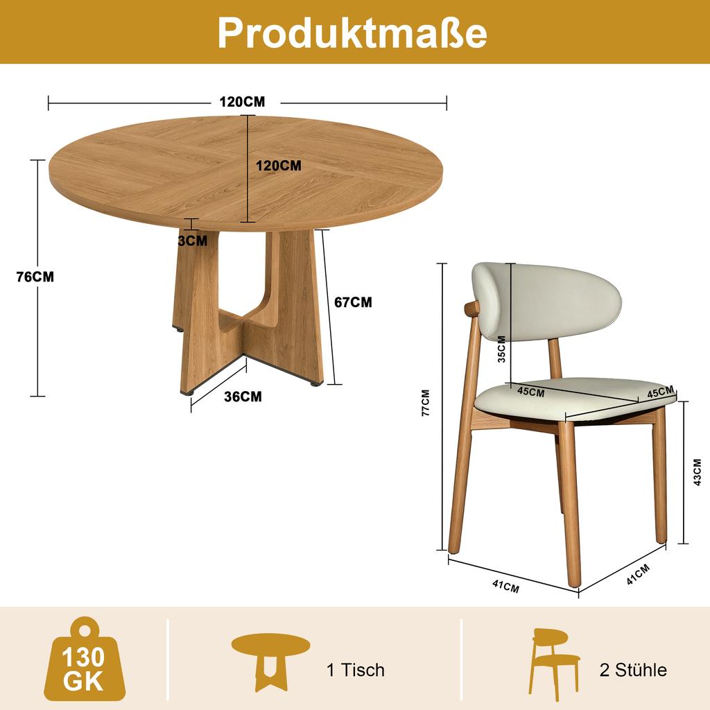 Modular Round Dining Table Set with 1 Table and 2 Chairs, Table Top MDF with Oak Veneer, Chairs Made of Solid Oak Veneered In Natural Wood Color