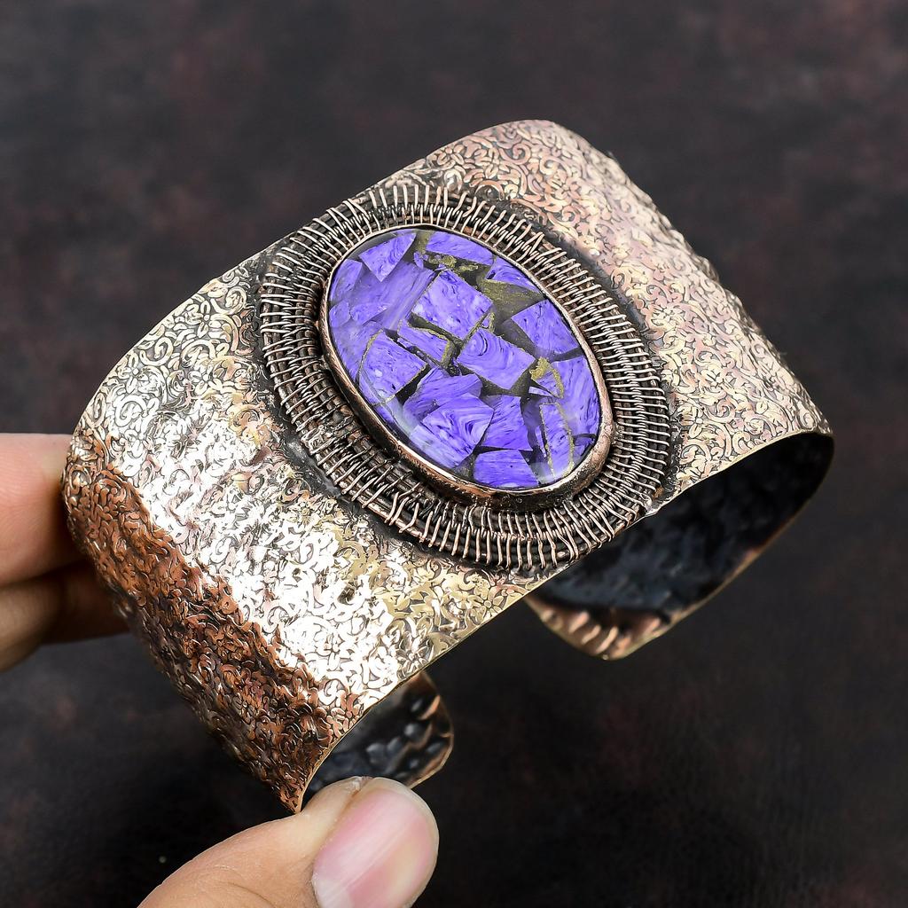 Kupfer Charoit Armreif Kupferdraht gewickelter Armreif Verstellbarer Armreif Kupferdraht Schmuck Handgefertigter Edelstein Armreif Geschenke für Ihn