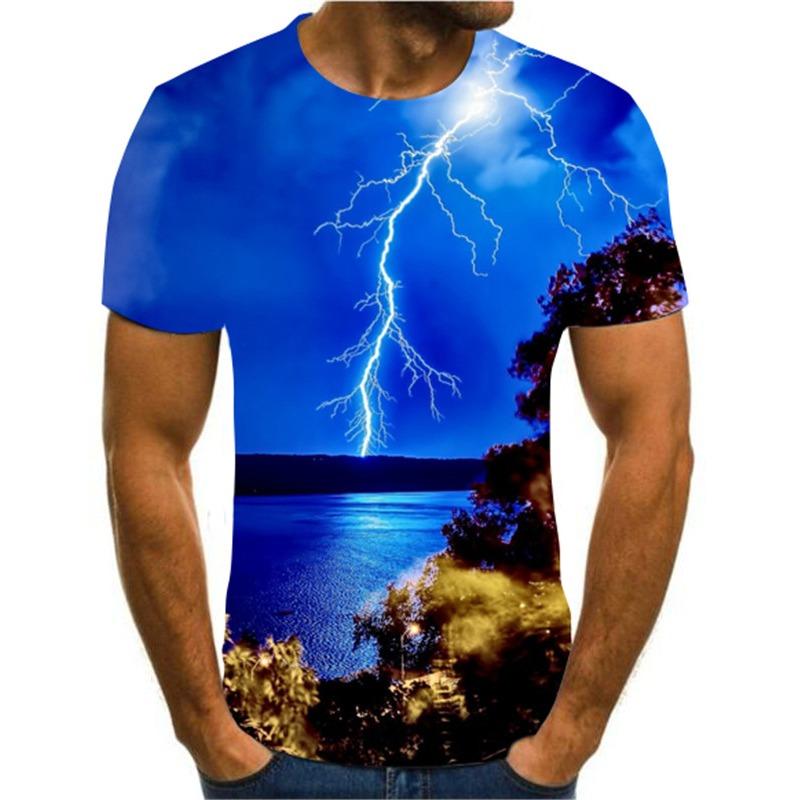 

2024 Мужская футболка с 3D-печатью Футболка с принтом в виде молнии и пейзажа Круглый вырез Пляжные футболки Мужская футболка Лето XL