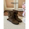 Maillard Belt Buckle Thick Heel Pleated Pile Short Boots Women'S Autumn New Versatile Western Cowboy Boots Women'S Tide