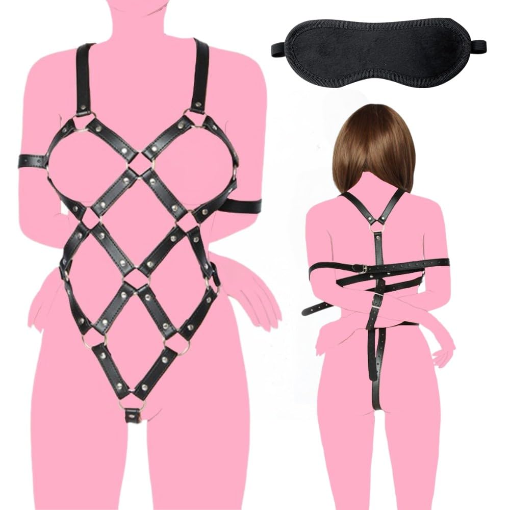 MONEON SM Bondage Set for Tortoiseshell Pie Slash Body Faux Leather and Eye Mask Women, Belt, Harness, Handcuffs,