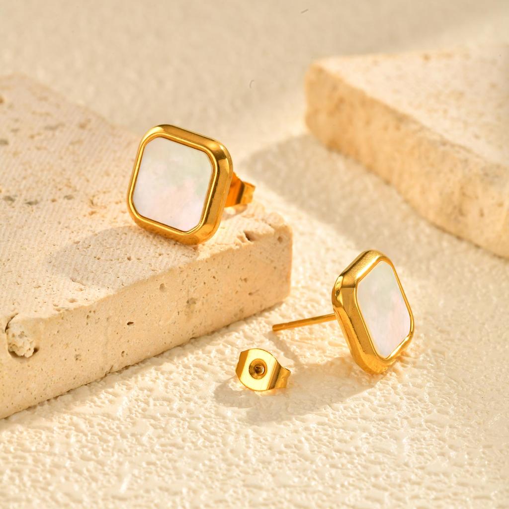 Chic Stainless Steel Square Natural Shell Stud Earrings for Women, Trendy Exquisite Daily Party Jewelry Accessories Gift Unisex