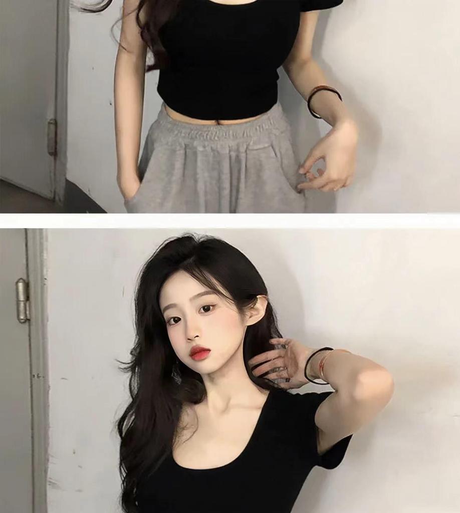 Women's Slim Fit Cotton U-Neck Crop Top - Spring/Summer Short Sleeve Tee