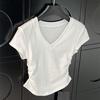 American V-neck Solid Color Front Shoulder Short-sleeved Women's Top Summer Design Sense Niche Waist Pleated Slim Spice Girl T-shirt Base