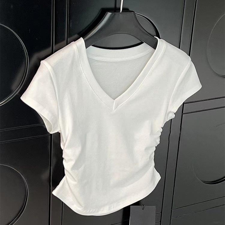 American V-neck Solid Color Front Shoulder Short-sleeved Women's Top Summer Design Sense Niche Waist Pleated Slim Spice Girl T-shirt Base