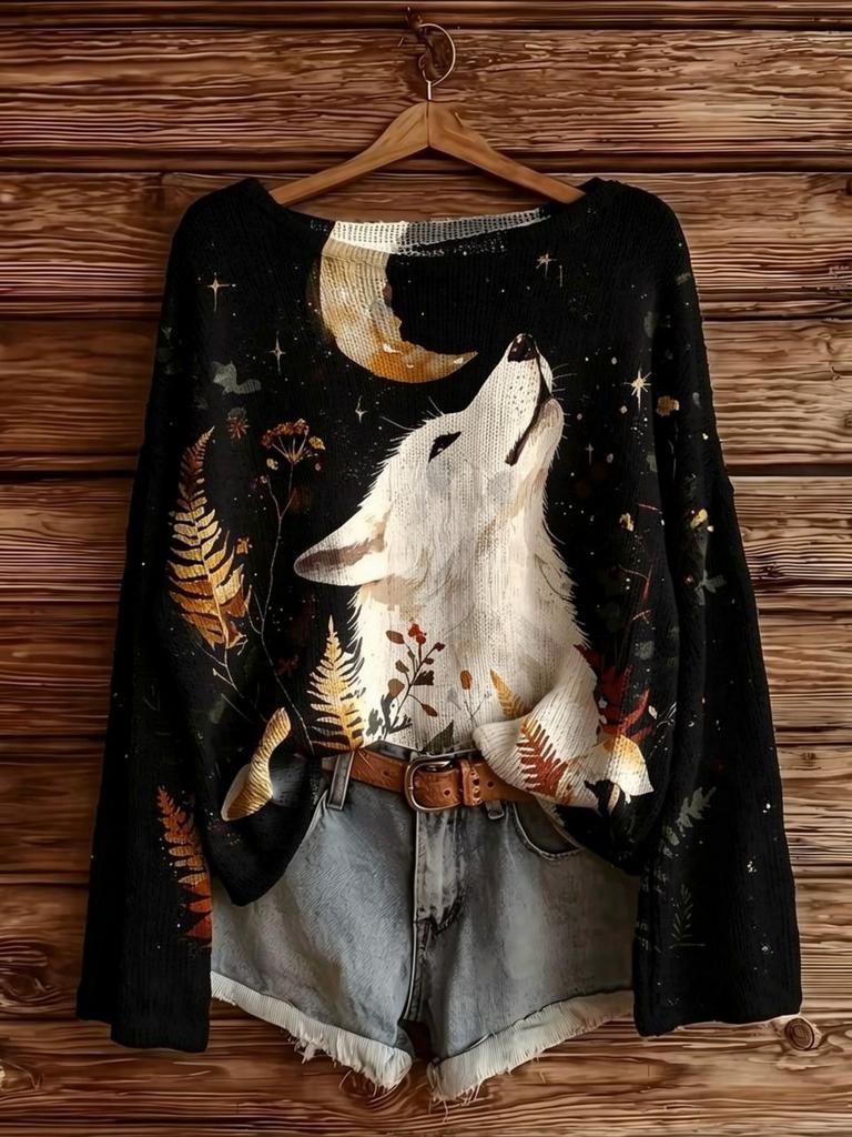 Women's new black starry sky, wolf and moon print long-sleeved top, Halloween and Christmas atmosphere, daily wear