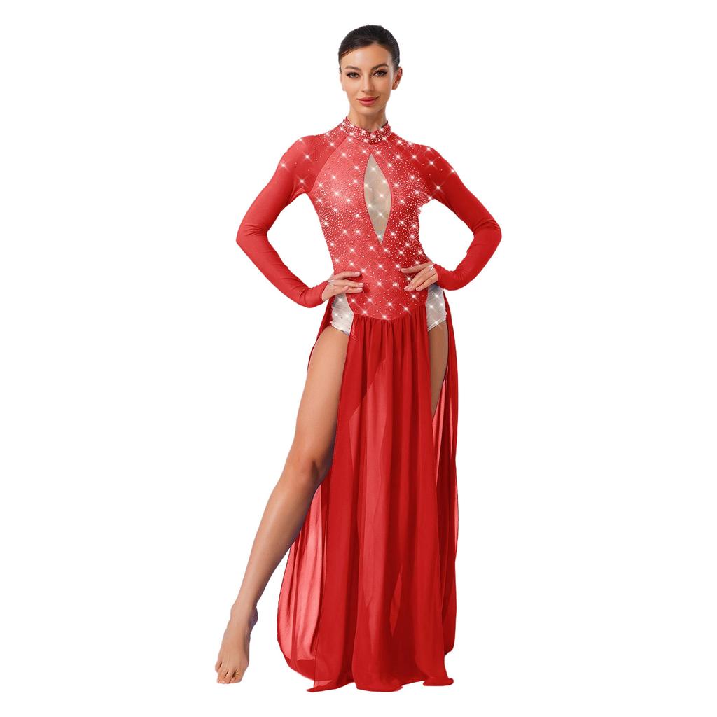Vestido de Danza Lírica para Mujer con Pedrería Brillante, Manga Larga, Diseño sin Espalda, Chifón, Bajo con Abertura, Leotardo de Una Pieza