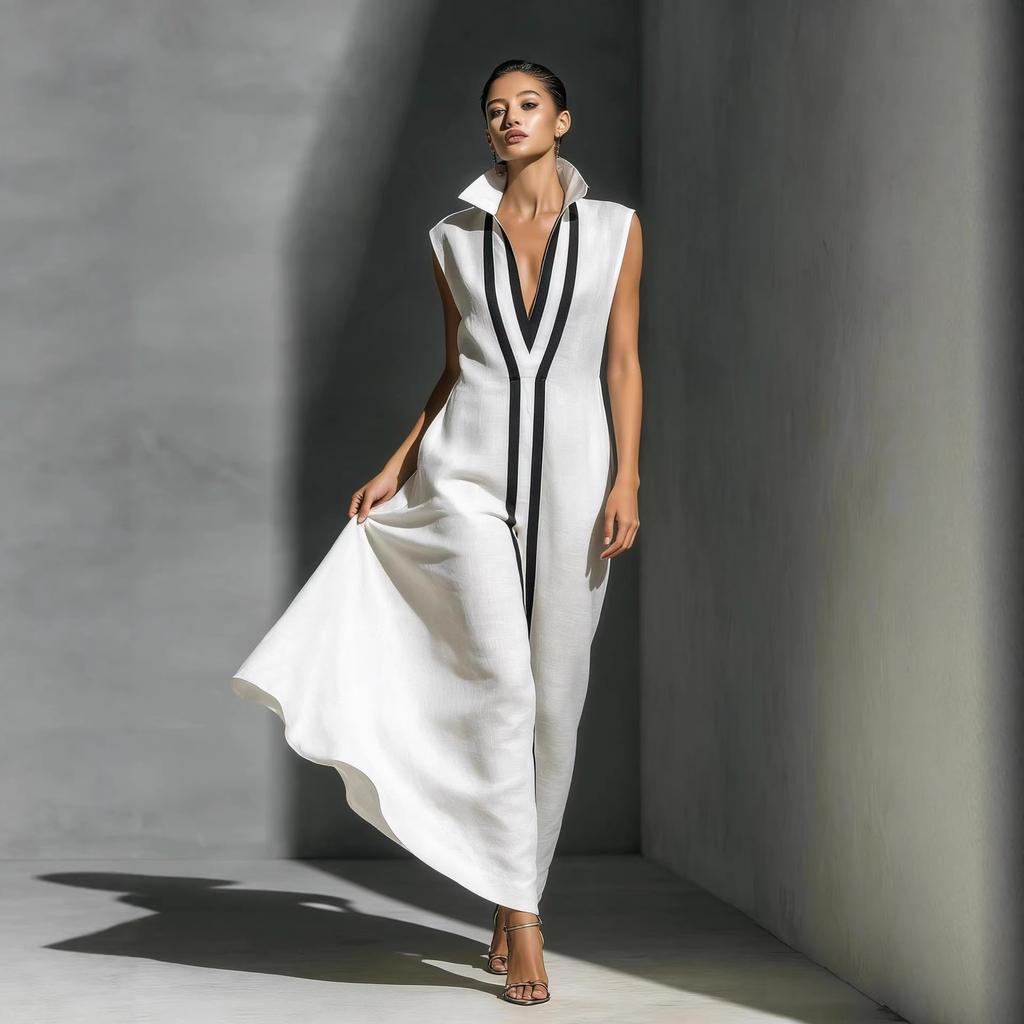 Women's Sleeveless V Neck Striped Jumpsuit, Wide Leg Elegant Romper with Collar for Summer