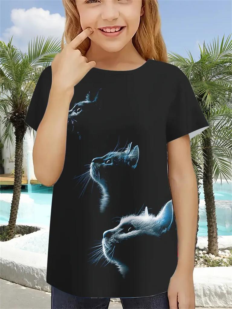 Fun Girl T-shirt Summer Short Sleeved Top Cartoon Animal Cat 3D Printing 2025 Girl Clothing