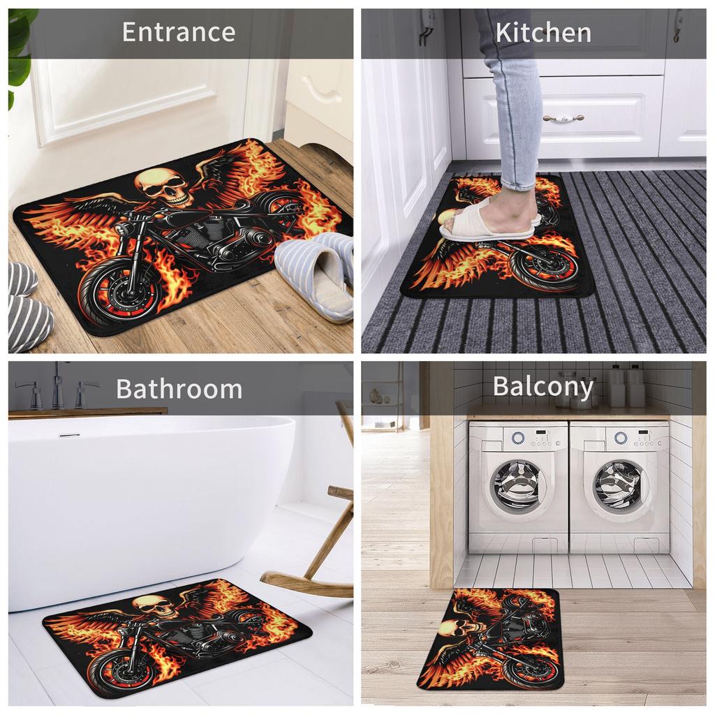 Retro God Of Death Flame Gothic Motorcycle Doormat Anti-Slip Entrance Kitchen Bath Floor Door Mats Garden Rug Carpet Footpad