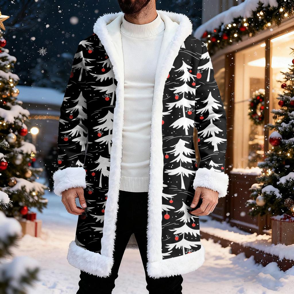Men's Christmas Long Hooded Cardigan With Pockets Warm Jacket