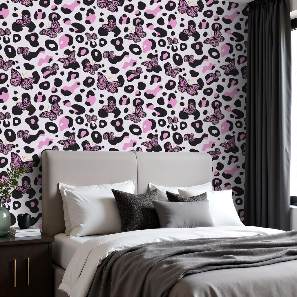 Pink Butterflies Leopard Print Wallpaper 22.83"X118" Waterproof Wallpaper for Living Room/Bedroom/Bathroom PVC Wall Sticker