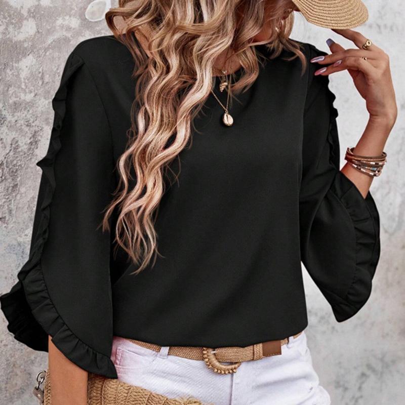 Ladies Summer Ruffles Half Sleeve Solid Color Pullover T Shirt Top