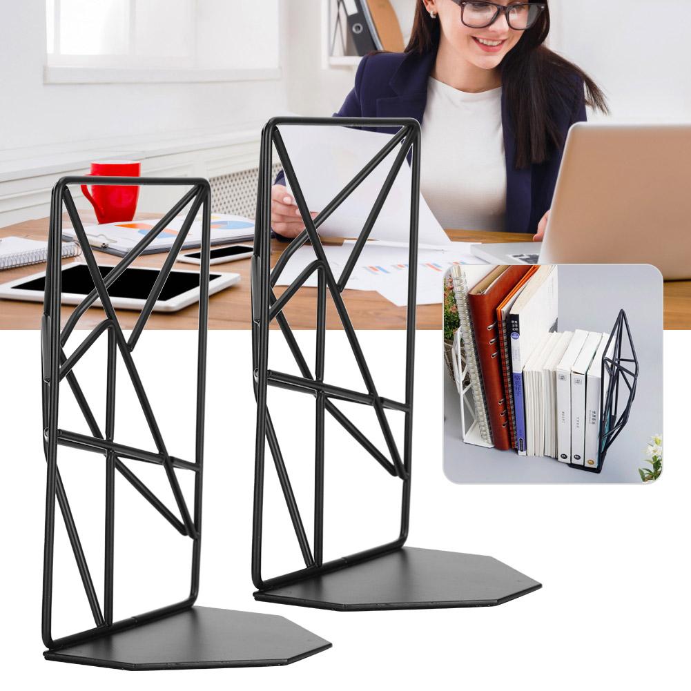 2Pcs Solid Geometry Book Stands Metal Hollow Desk Nonskid Bookend Shelf Heavy Duty Black