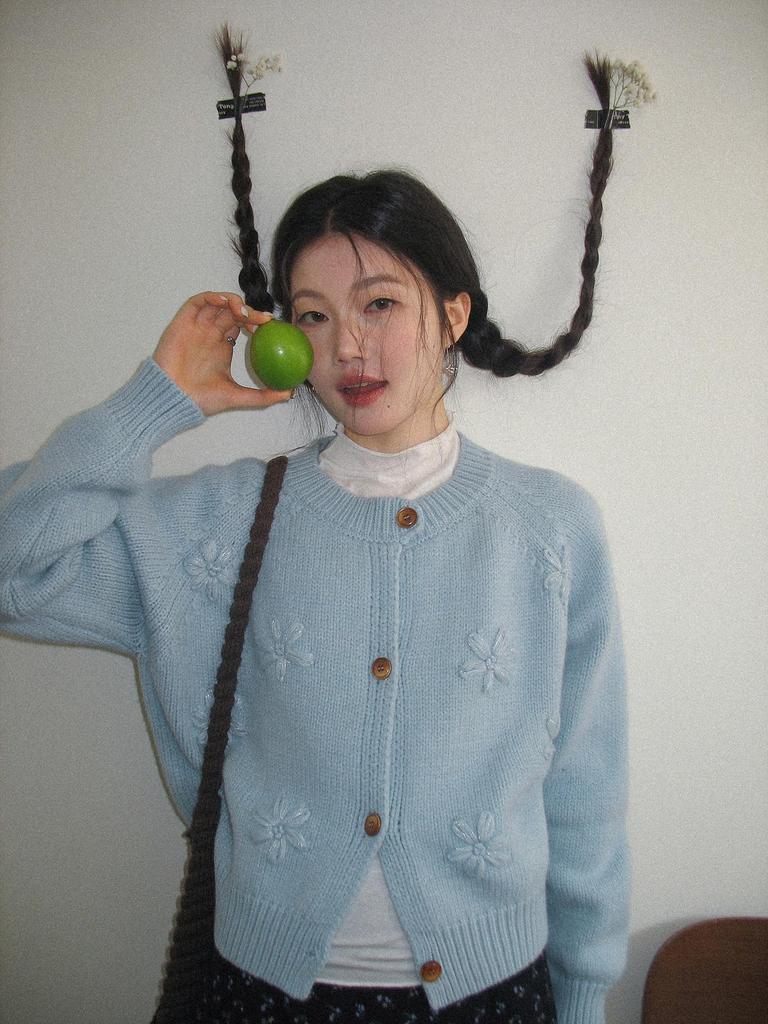 Women's Loose Korean Style Long Sleeve Knit Cardigan with 3D Blue Flower - Early Spring 2026 Collection