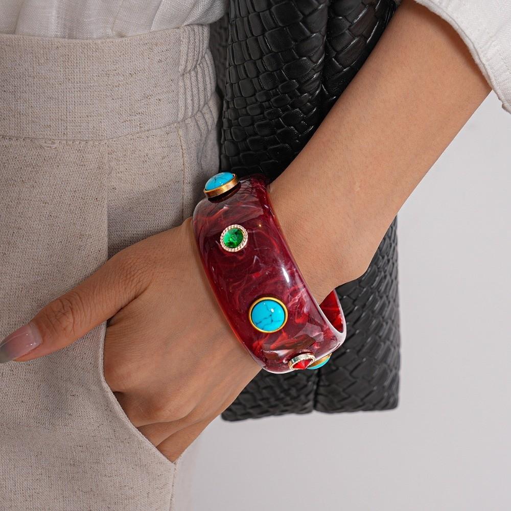 Wide Turquoise Acrylic Bracelet Turquoise Retro Hand Ring Acrylic Rhinestone Bangle  Decoration