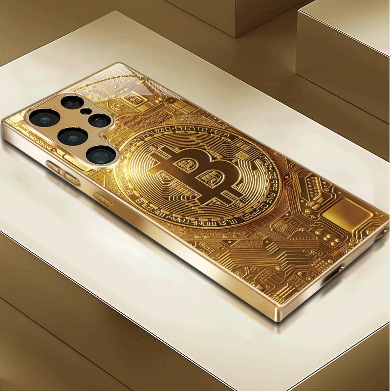 Gold Bitcoin Gehärtetes Glas Handyhülle Geeignet für Samsung Galaxy S26 S25 S24 S22 S21 S20 FE Ultra Plus Anti-Drop Rückseite
