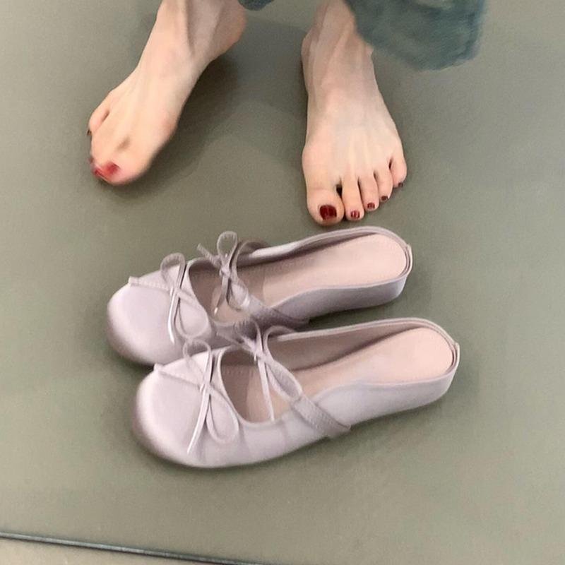 Sheepskin version~ inner height increase flat bottom comfortable bag head sandals bow word with satin surface round head half slippers women