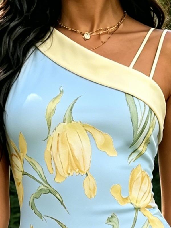 Light Blue Yellow Tulip Floral Print One Shoulder Spaghetti Strap Bodycon Midi Dress Womens Casual Party Dress
