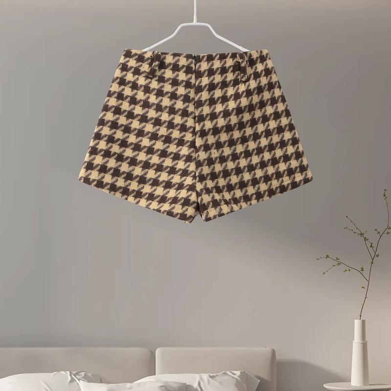 Plaid Short Jacket Shorts Suits Women Vintage Stand Collar Long Sleeve Zipper Coats With High Waist Shorts Street Ladies Outfits