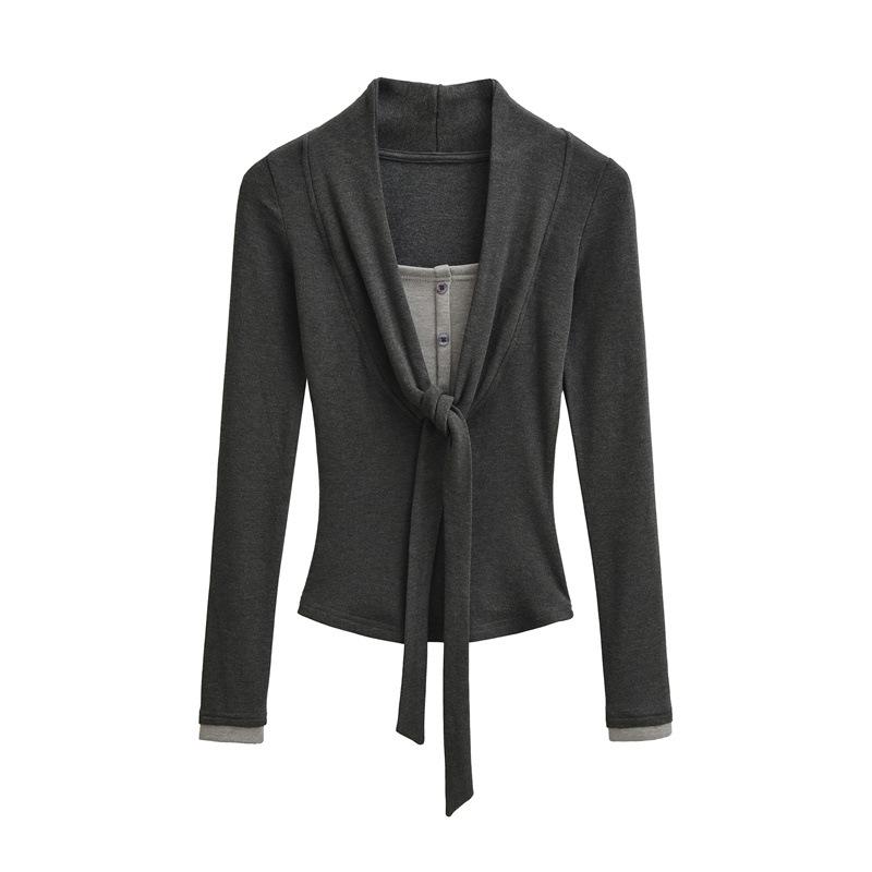 Women's Faux Cashmere Trendy Layered Long-Sleeve Tie-Up Top for Spring/Autumn